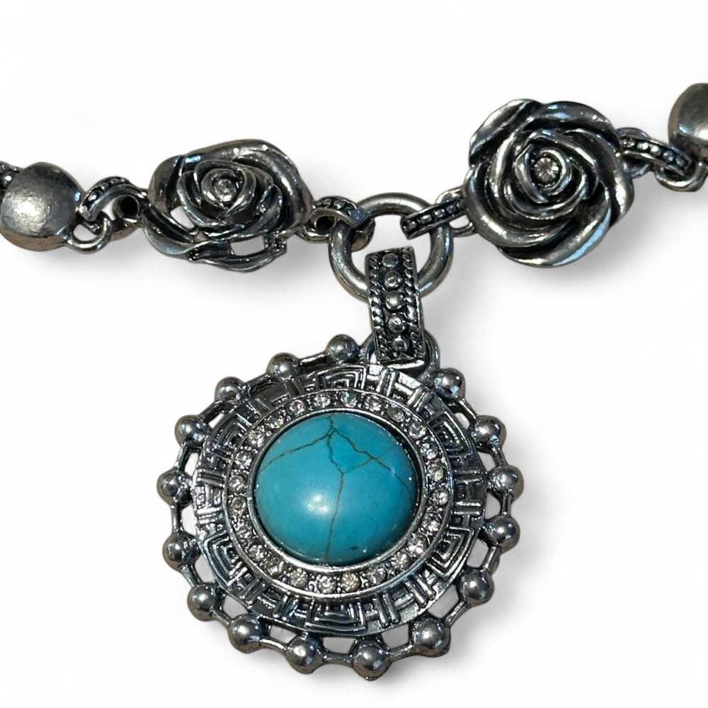 NWT Rose & Turquoise Silver-Tone Necklace with Matching Earrings — NWT, ~9″ - Picture 2 of 5